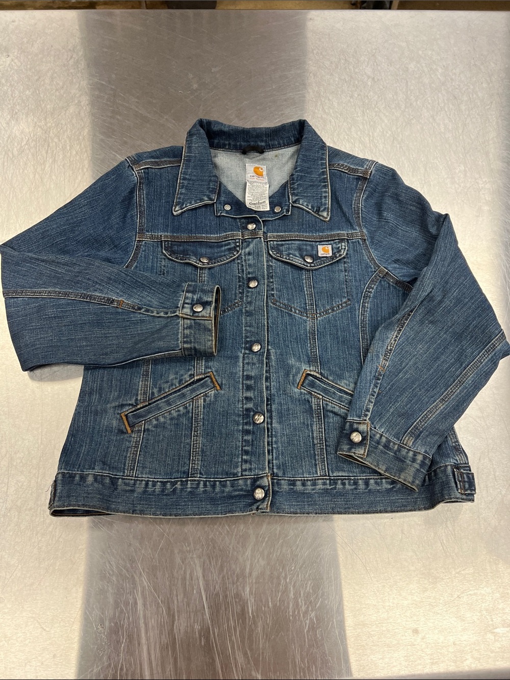 Carhartt Blue Denim 4 Ftont Pocket Jacket with Snap Closures Women’s XL